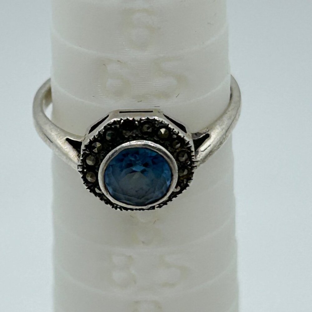Vintage Sterling Silver Ring Blue Stone Marcasite Art Deco Revival1980s Size 7 - Picture 9 of 12